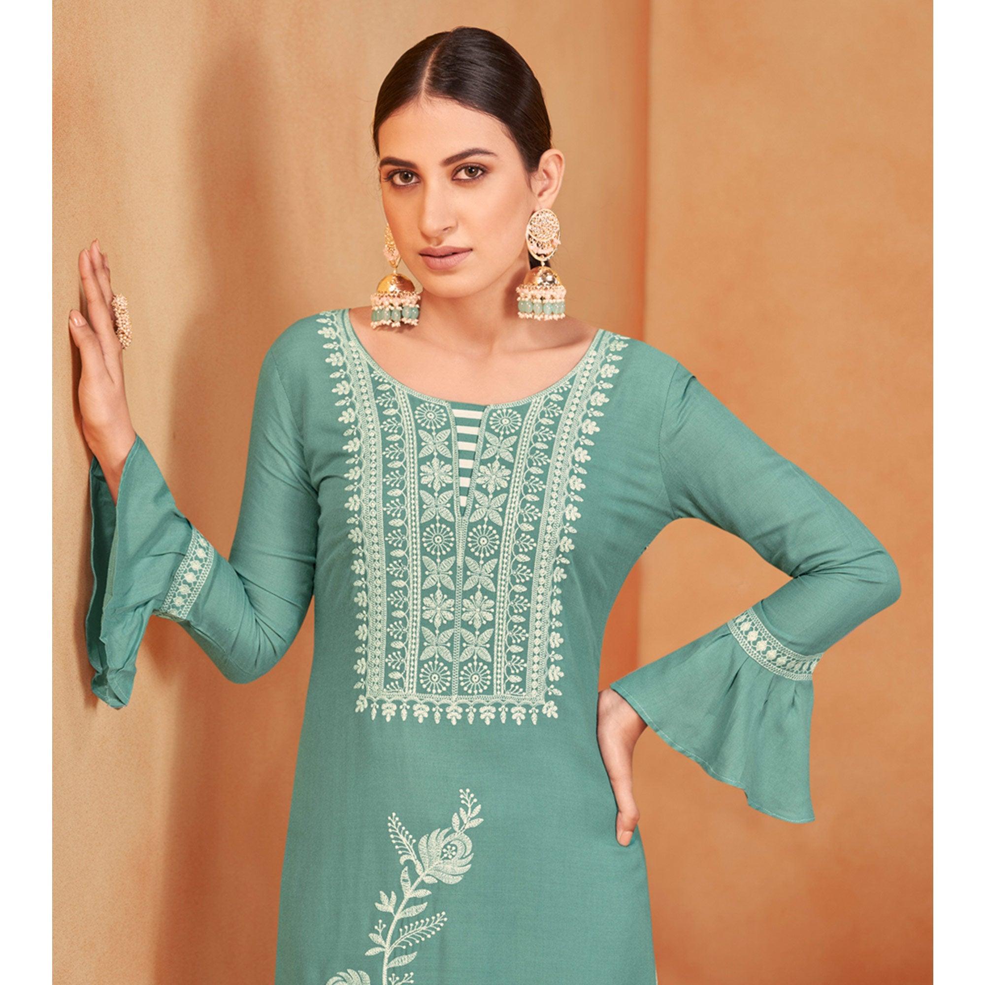 Green Casual Wear Embroidered Pure Rayon Viscose Kurti - Peachmode