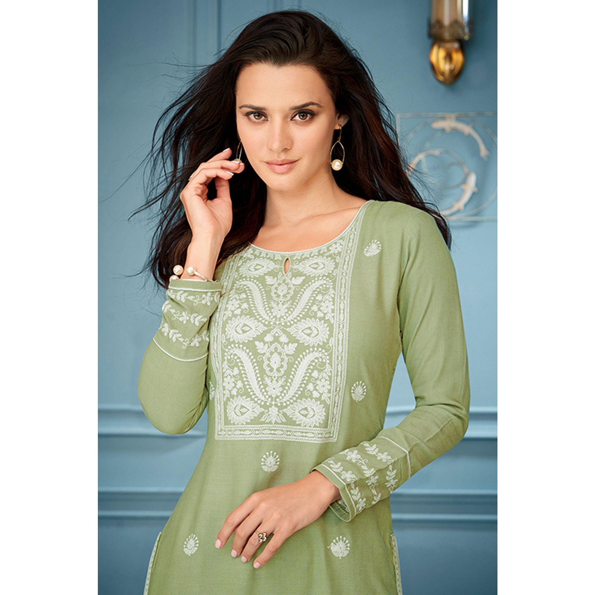 Green Casual Wear Embroidered Rayon Kurti - Peachmode