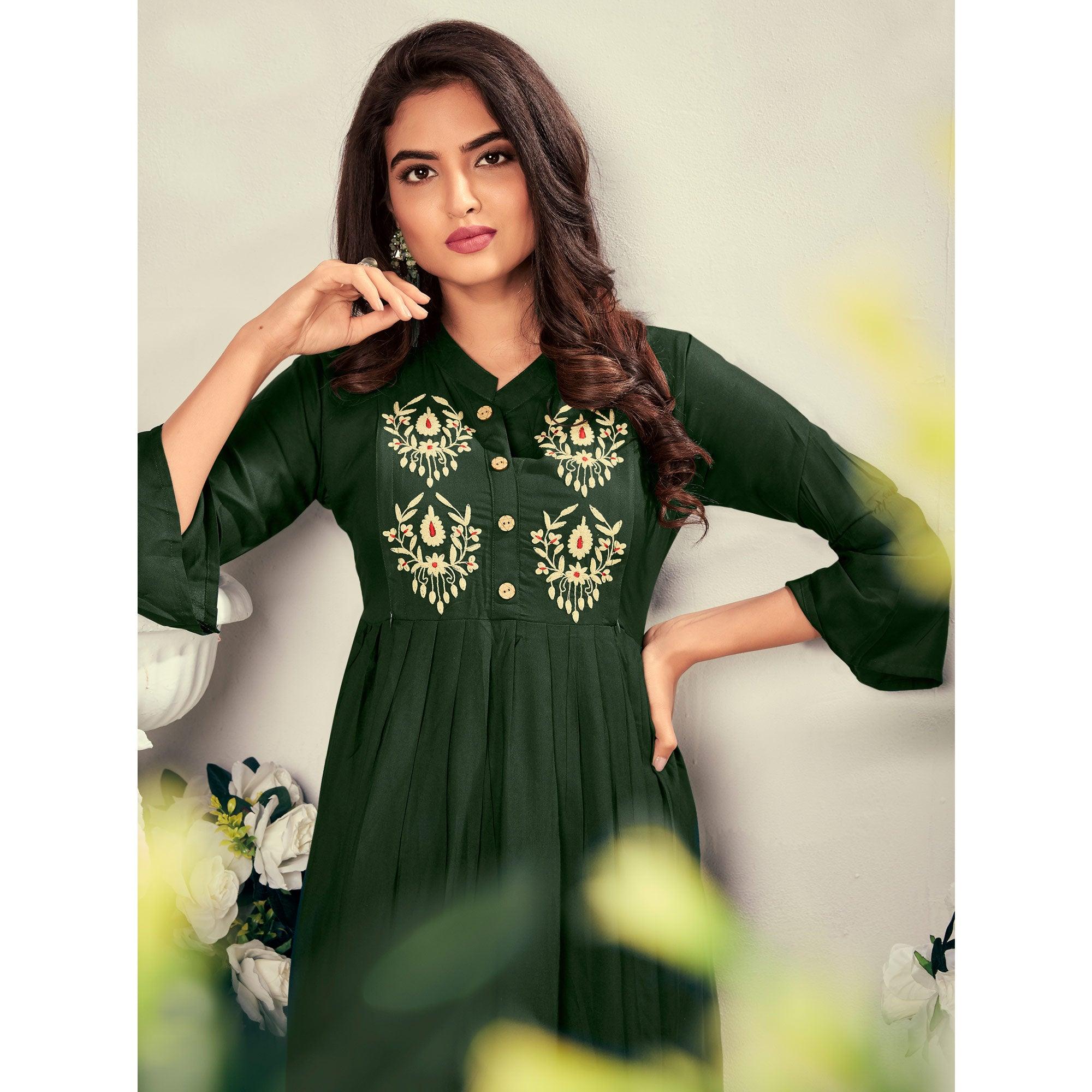 Green Casual Wear Embroidered Rayon Maternity Kurti - Peachmode