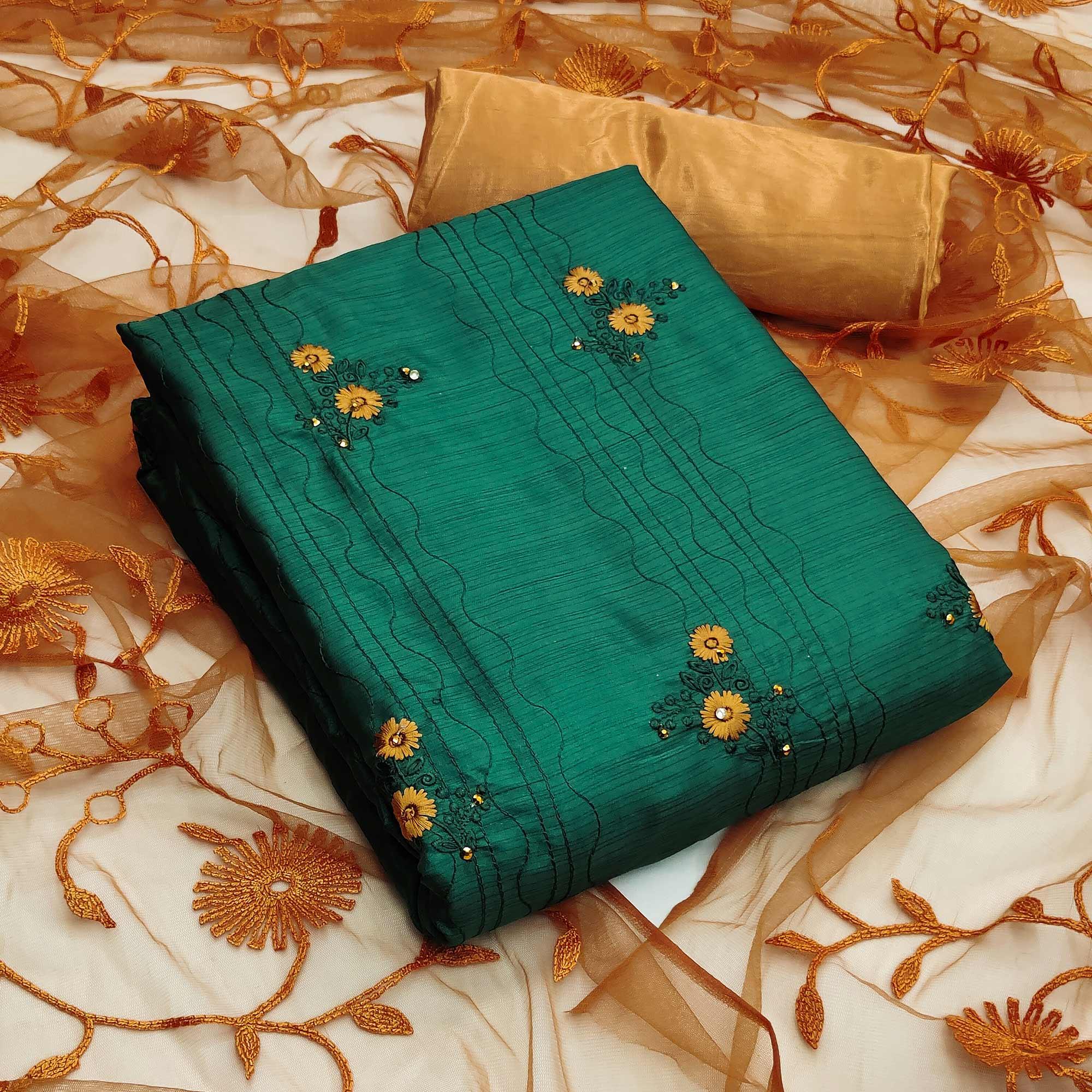 Green Casual Wear Embroidered Silk Dress Material - Peachmode