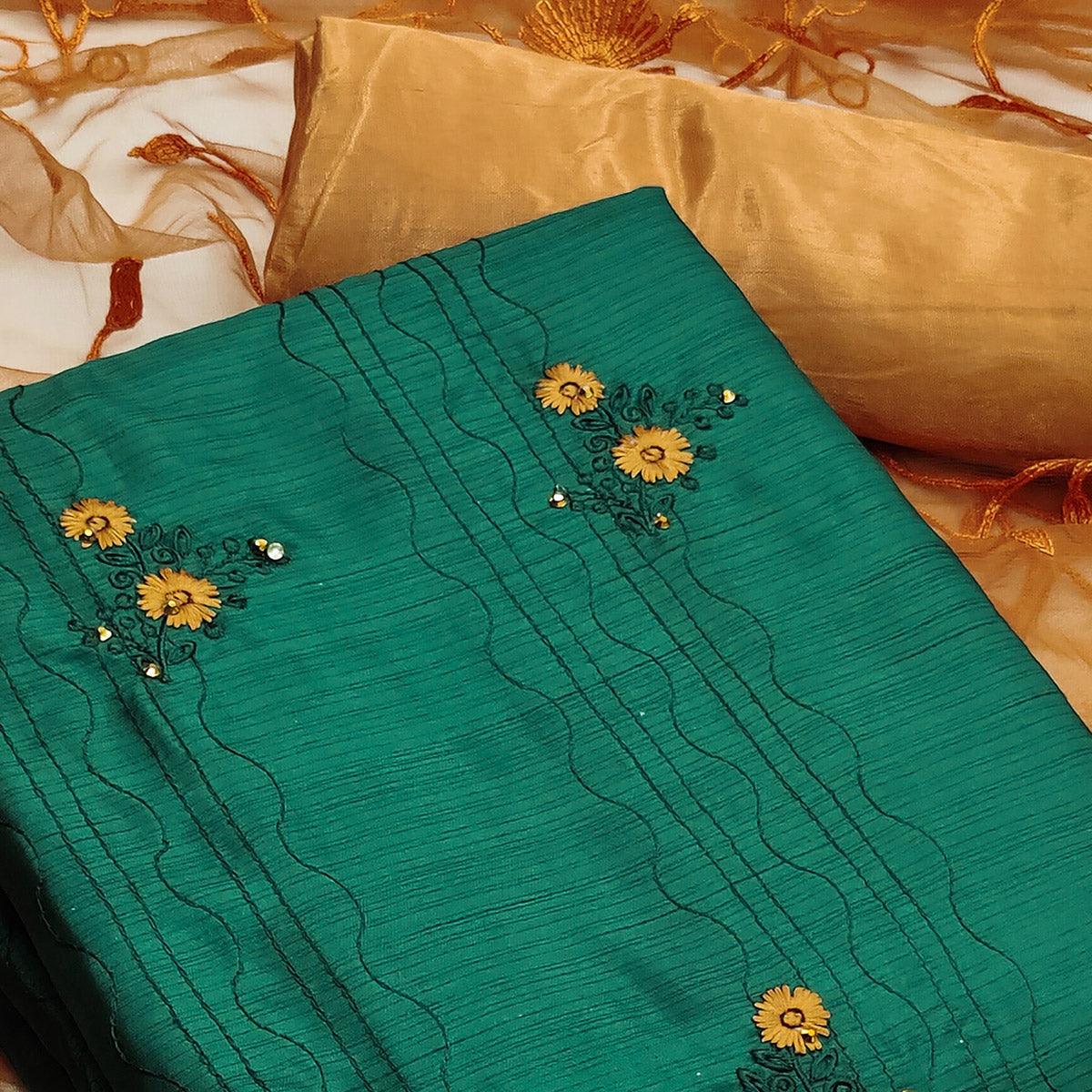 Green Casual Wear Embroidered Silk Dress Material - Peachmode