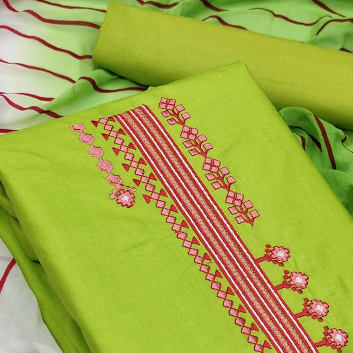 Green Casual Wear Embroidery Work Poly Cotton Dress Material - Peachmode