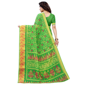 Green Casual Wear Fancy Printed Heavy Linen Saree With Zari Border - Peachmode