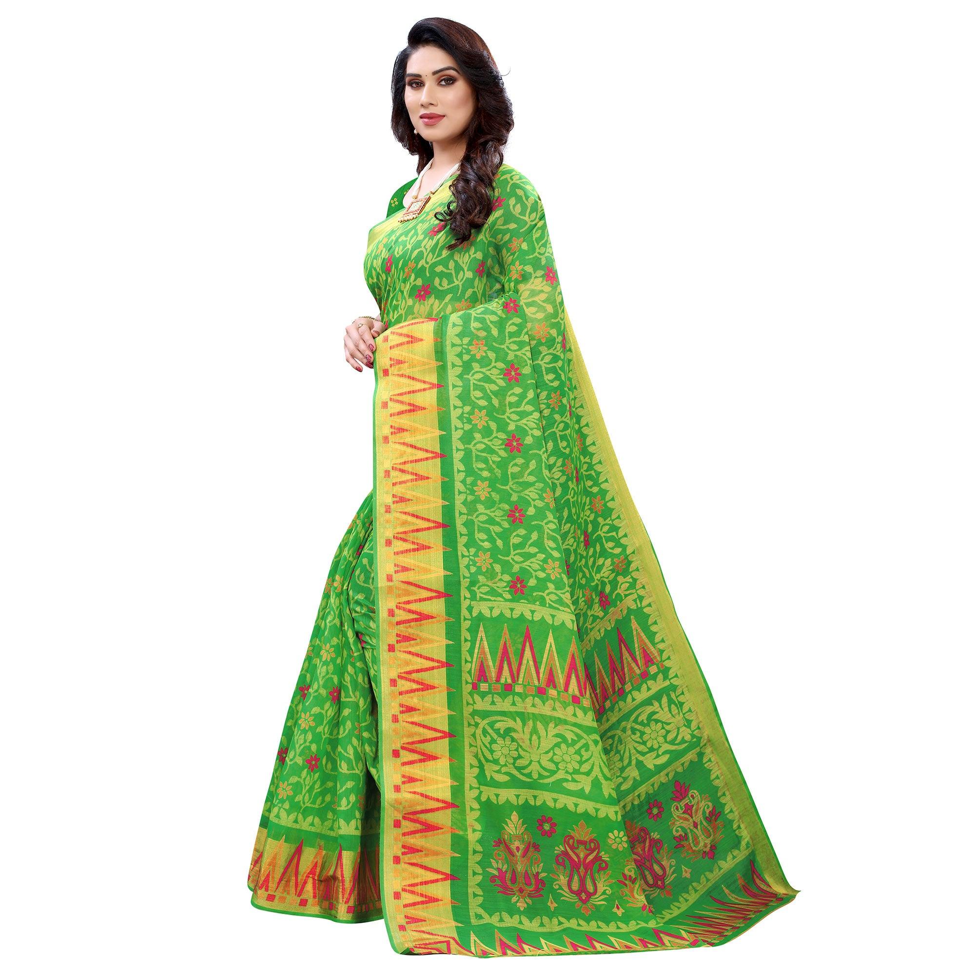 Green Casual Wear Fancy Printed Heavy Linen Saree With Zari Border - Peachmode