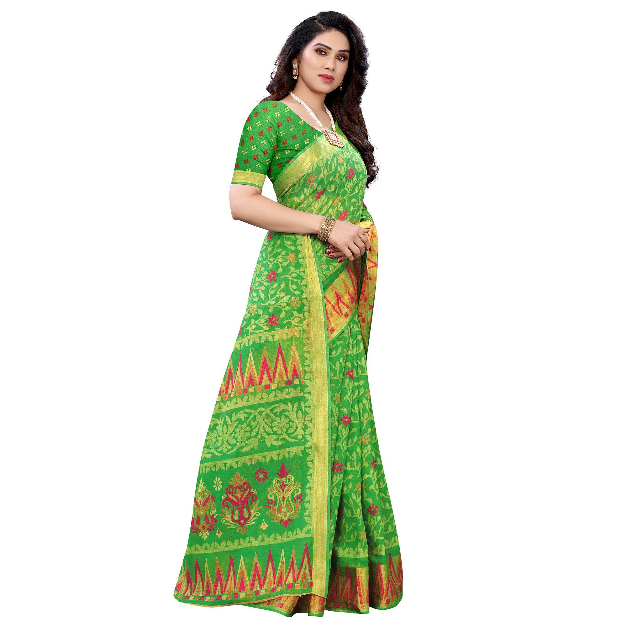 Green Casual Wear Fancy Printed Heavy Linen Saree With Zari Border - Peachmode