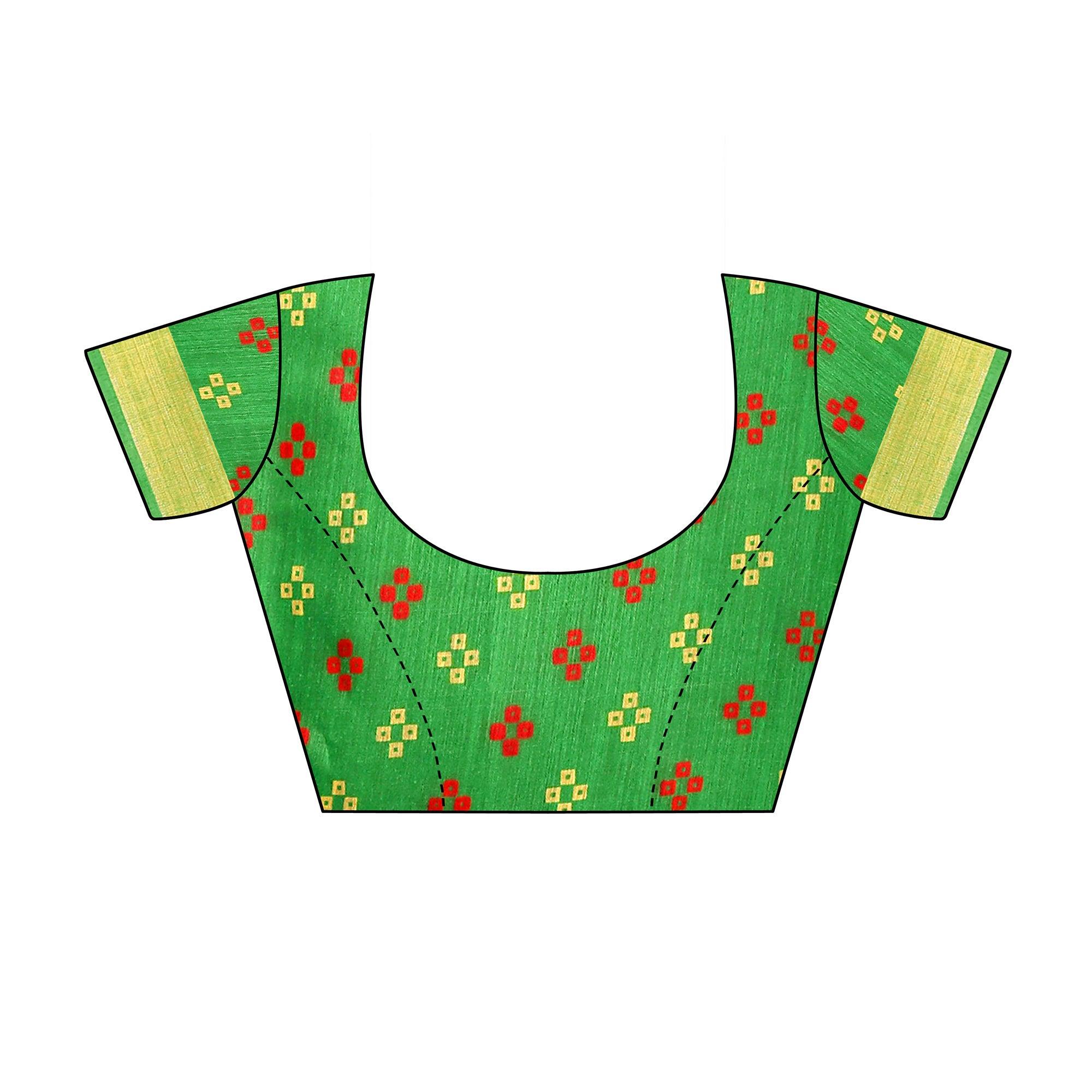 Green Casual Wear Fancy Printed Heavy Linen Saree With Zari Border - Peachmode