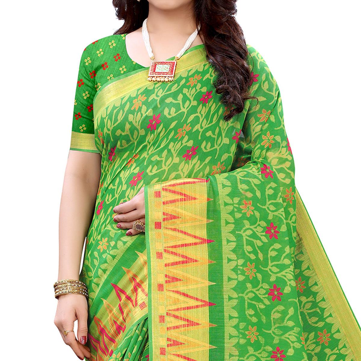 Green Casual Wear Fancy Printed Heavy Linen Saree With Zari Border - Peachmode