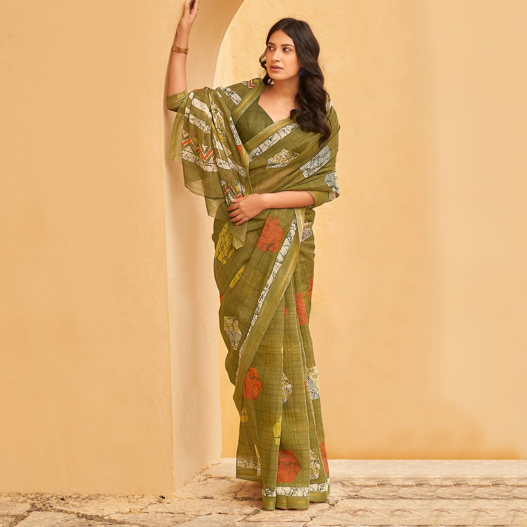 Green Casual Wear Fancy Printed Linen Saree - Peachmode