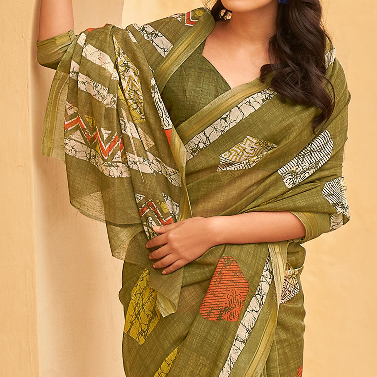 Green Casual Wear Fancy Printed Linen Saree - Peachmode