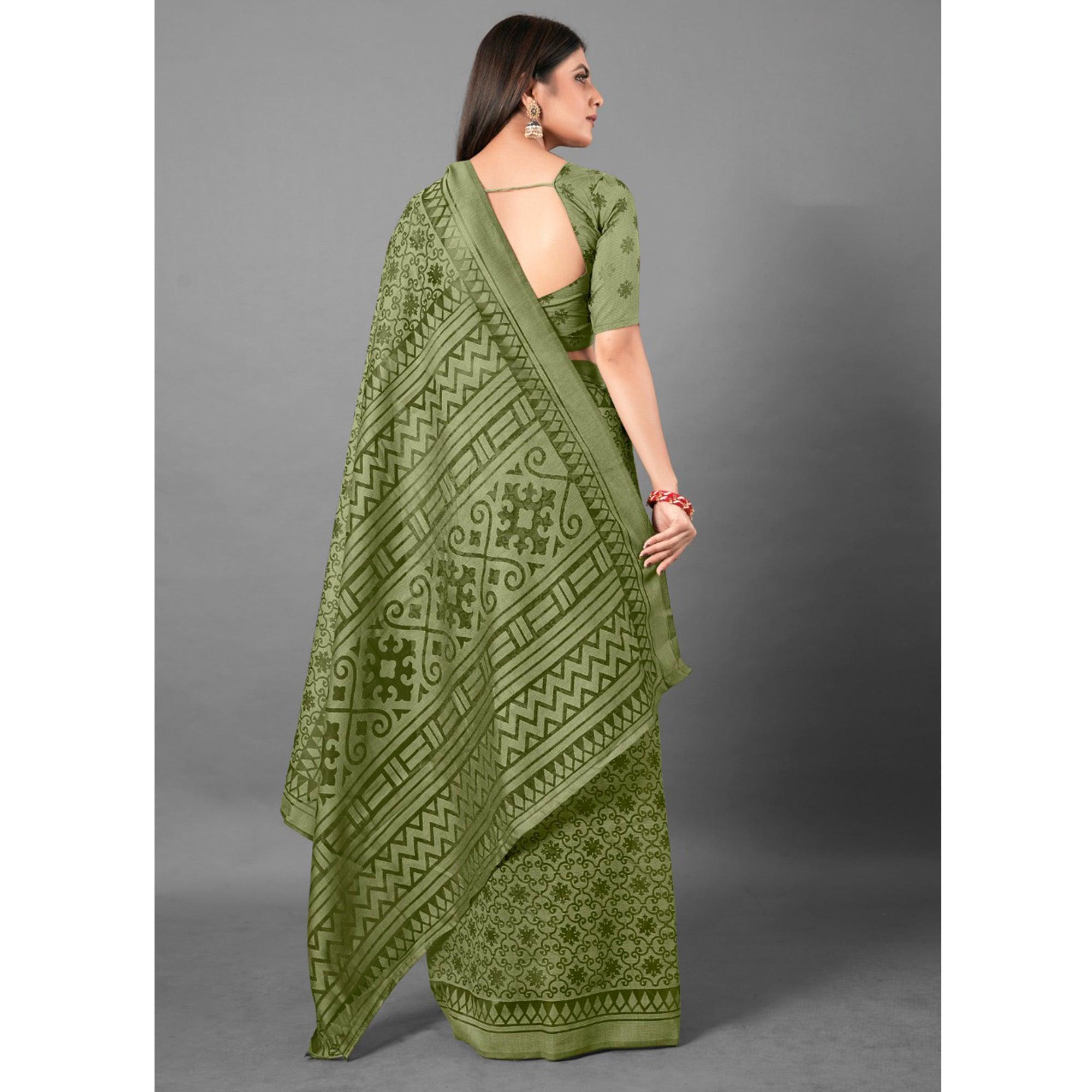 Green Casual Wear Floral Brasso Saree - Peachmode
