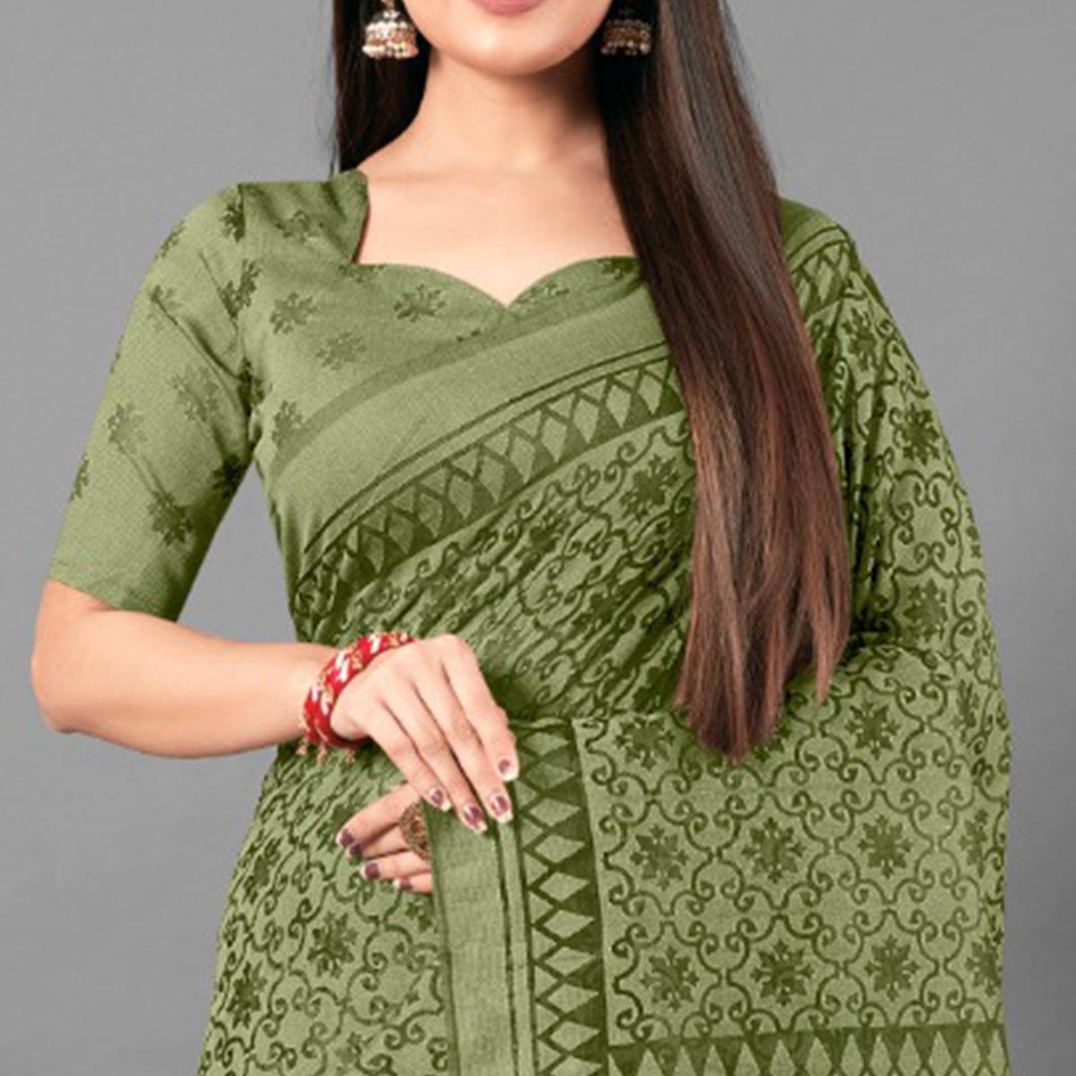 Green Casual Wear Floral Brasso Saree - Peachmode