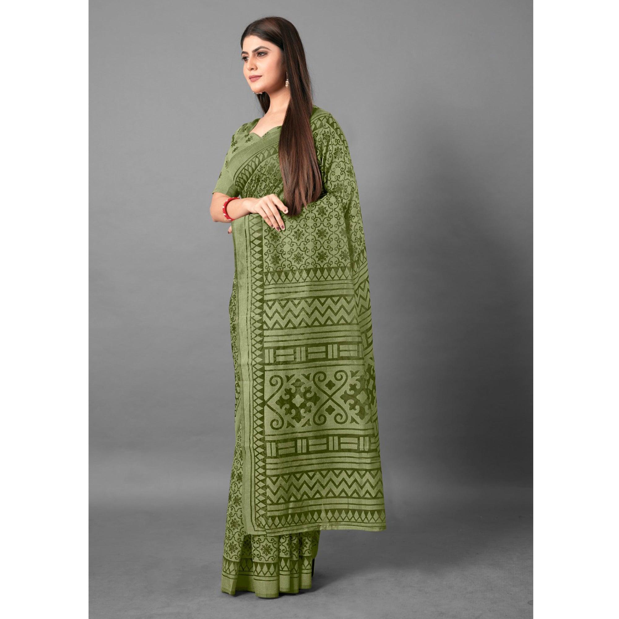 Green Casual Wear Floral Brasso Saree - Peachmode