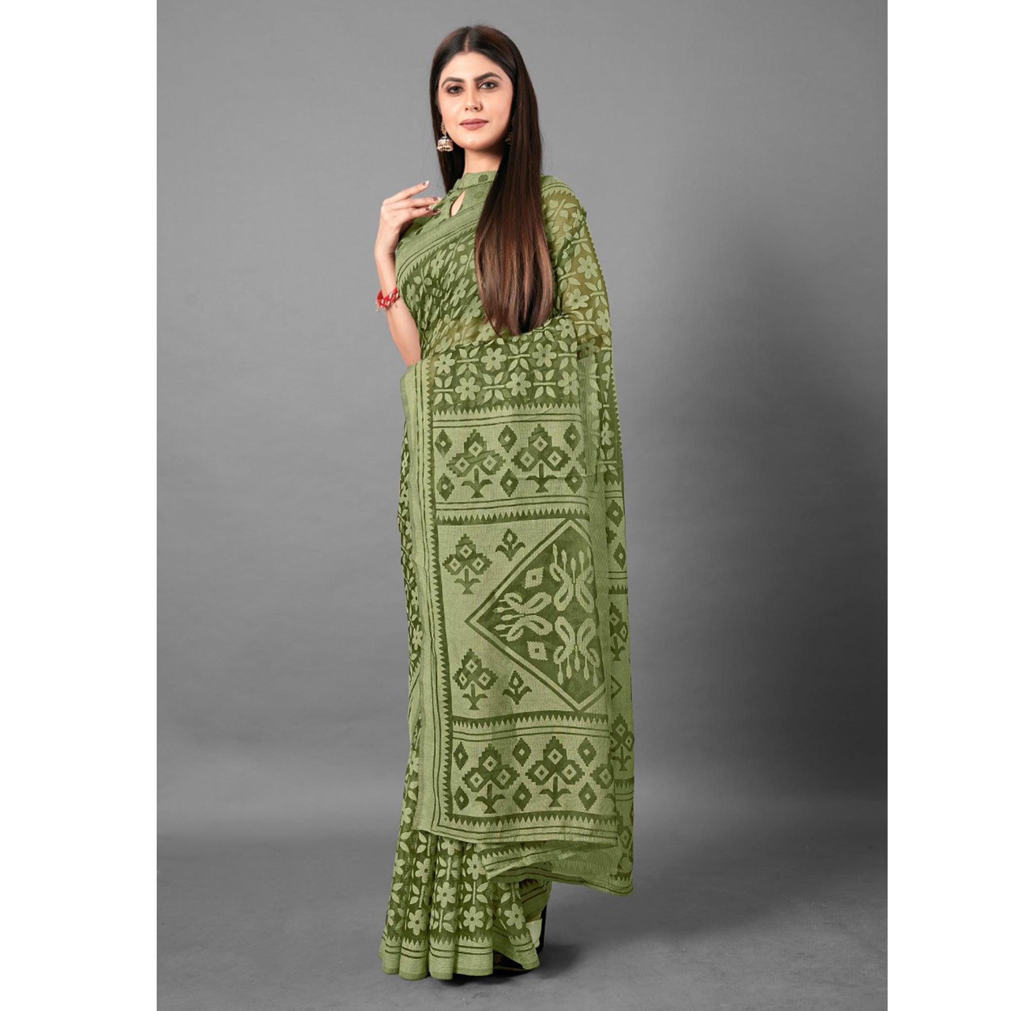 Green Casual Wear Floral Brasso Saree - Peachmode