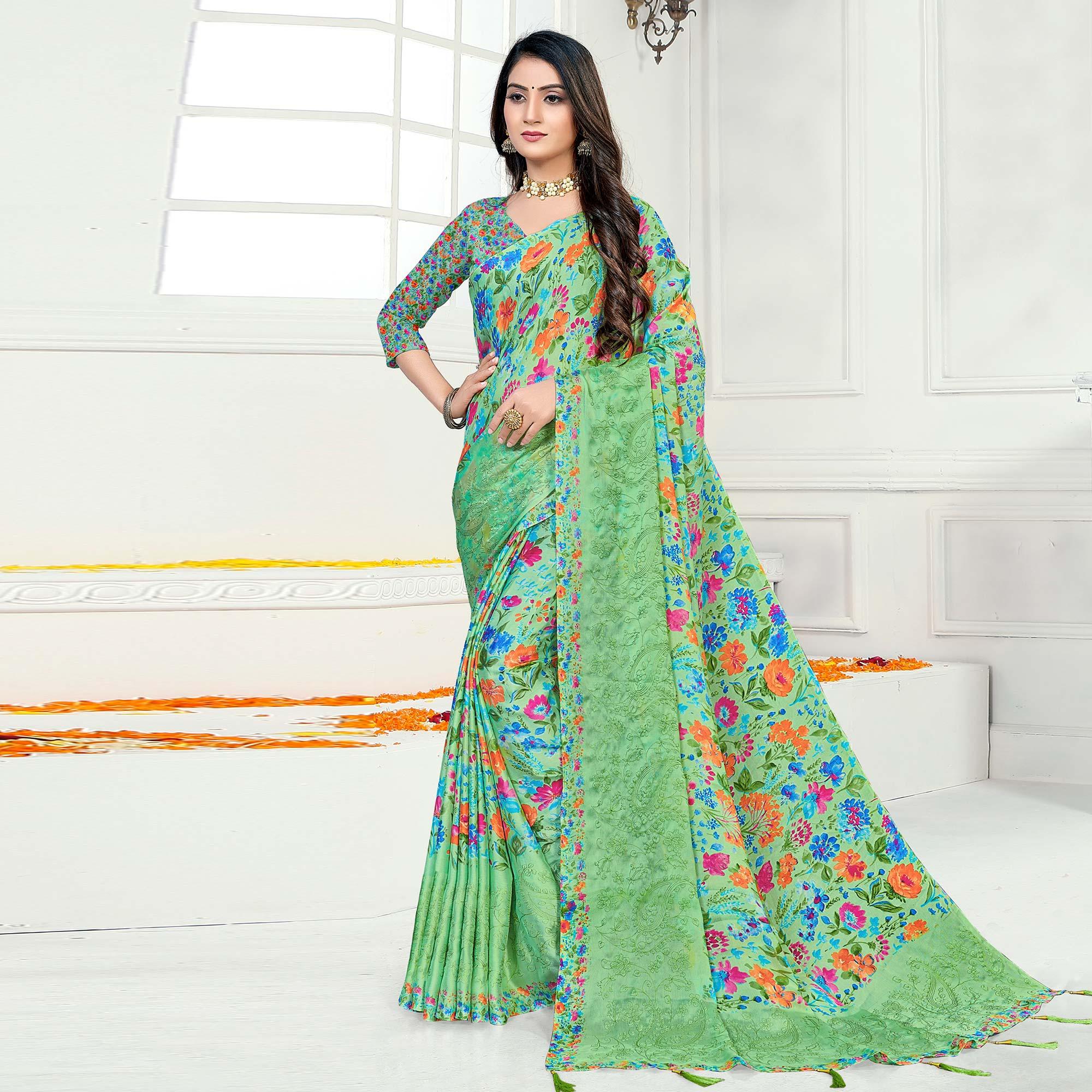 Green Casual Wear Floral Digital Printed Chiffon Saree - Peachmode
