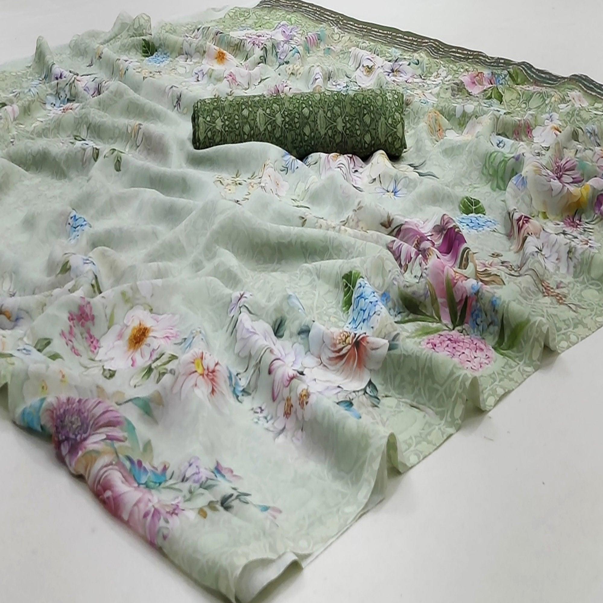 Green Casual Wear Floral Digital Printed Georgette Saree - Peachmode