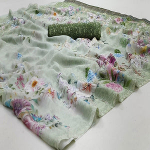 Green Casual Wear Floral Digital Printed Georgette Saree - Peachmode