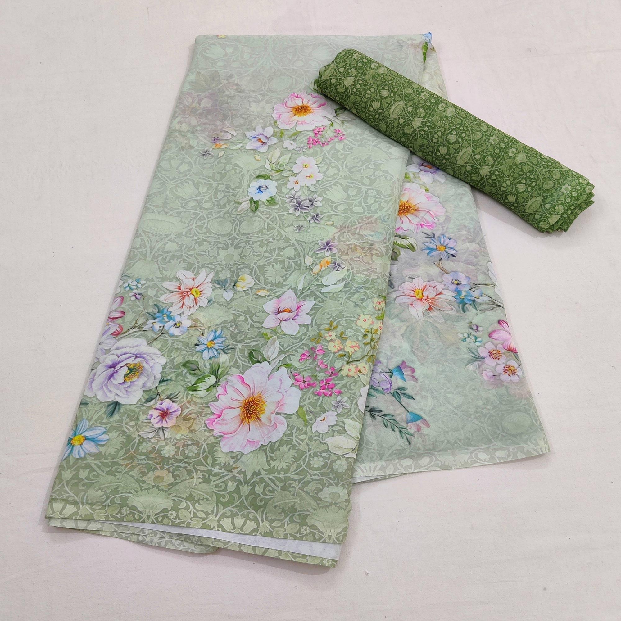 Green Casual Wear Floral Digital Printed Georgette Saree - Peachmode