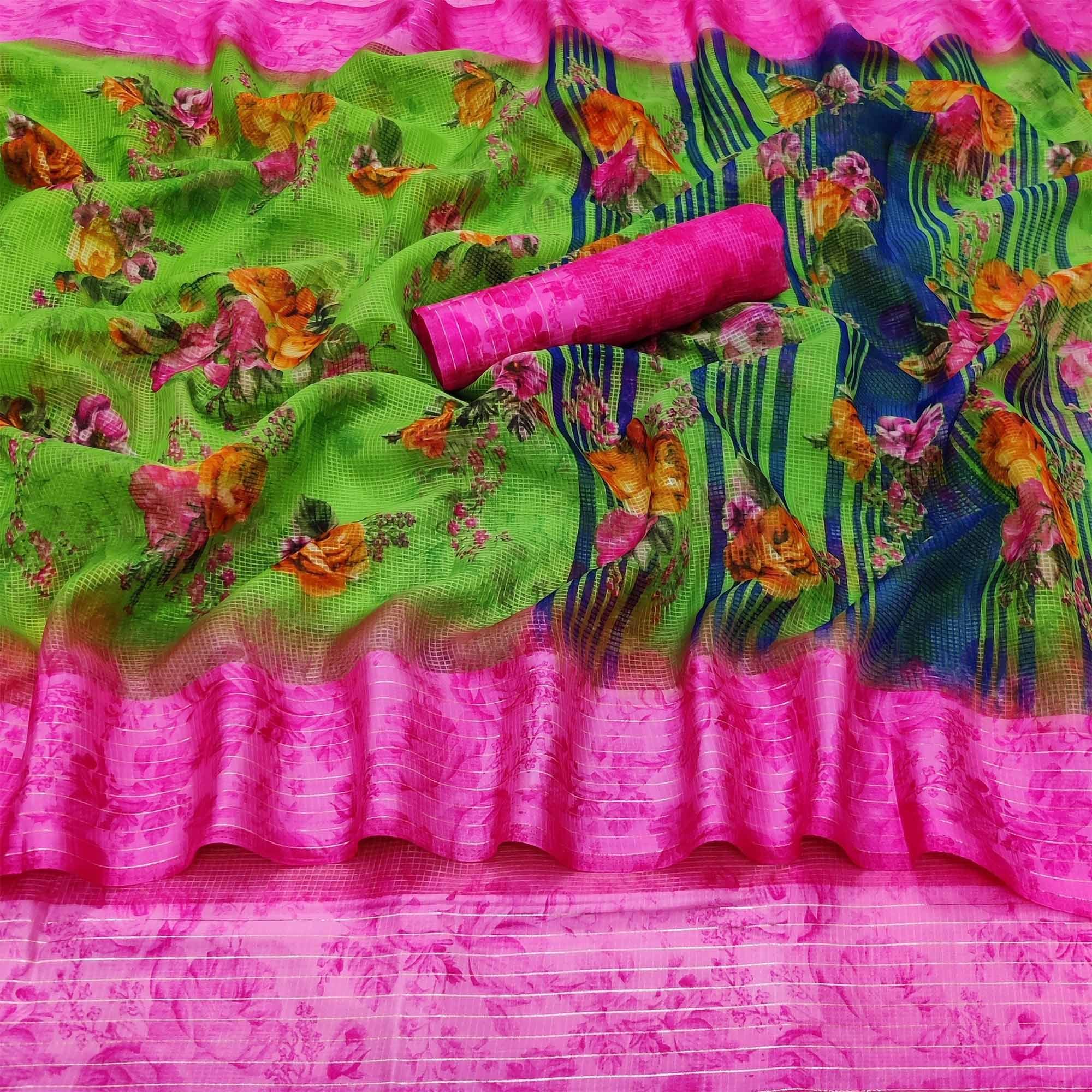 Green Casual Wear Floral Digital Printed linen Saree - Peachmode