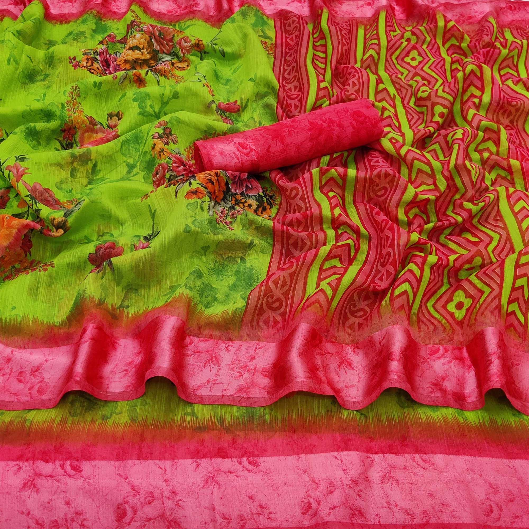 Green Casual Wear Floral Digital Printed linen Saree - Peachmode