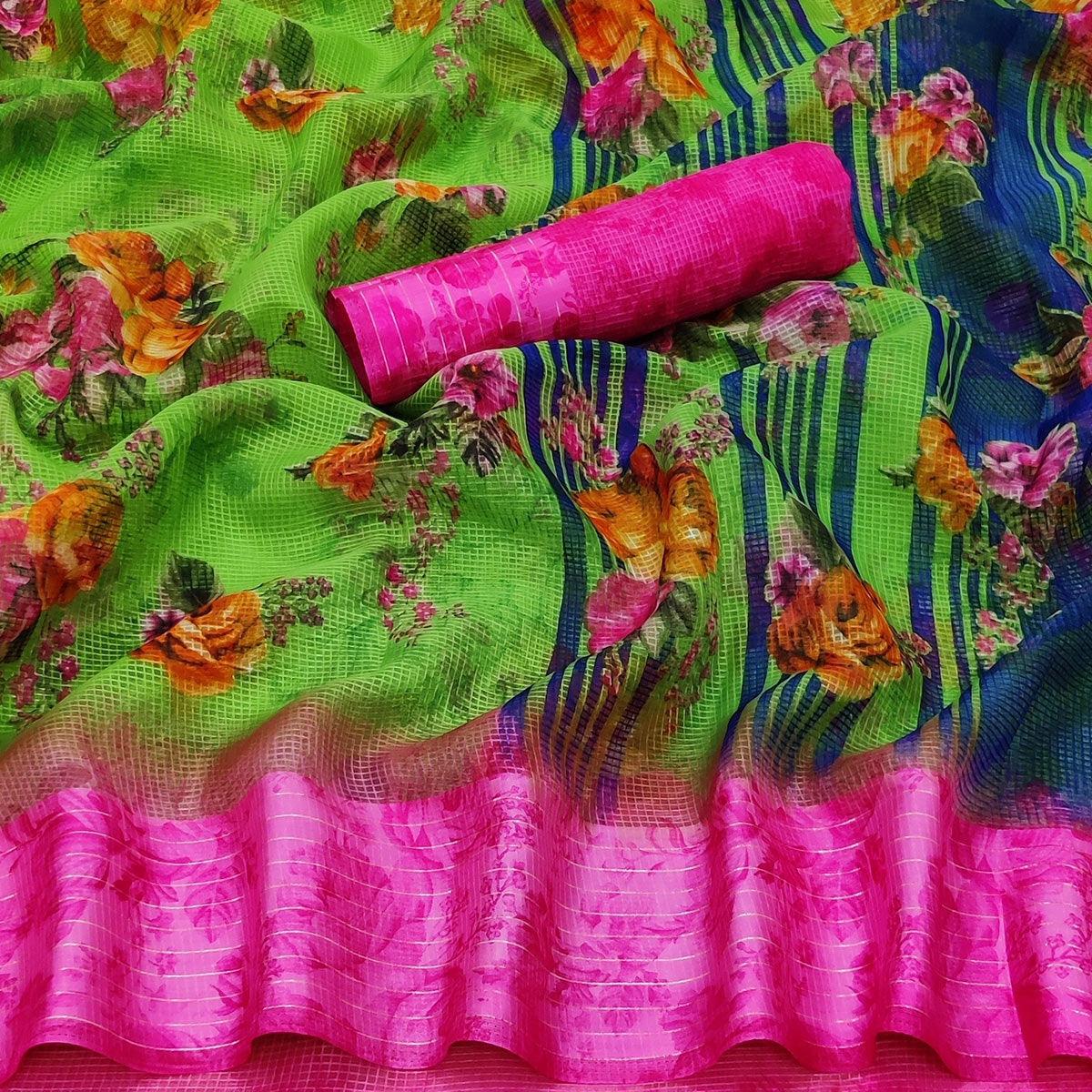 Green Casual Wear Floral Digital Printed linen Saree - Peachmode