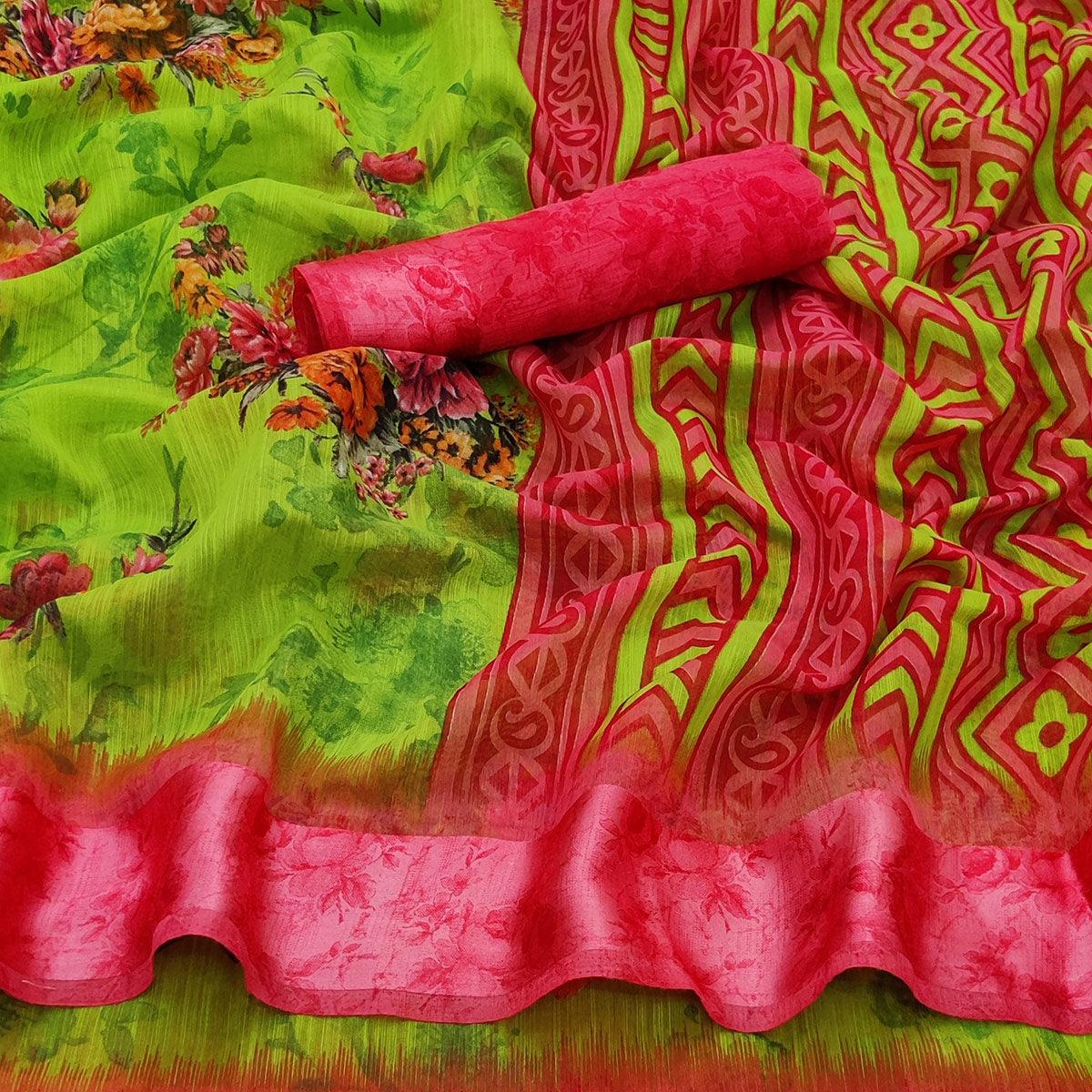 Green Casual Wear Floral Digital Printed linen Saree - Peachmode