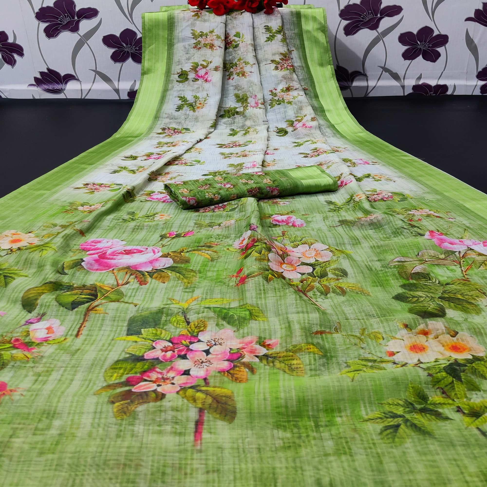 Green Casual Wear Floral Digital Printed Linen Saree With Satin Border - Peachmode