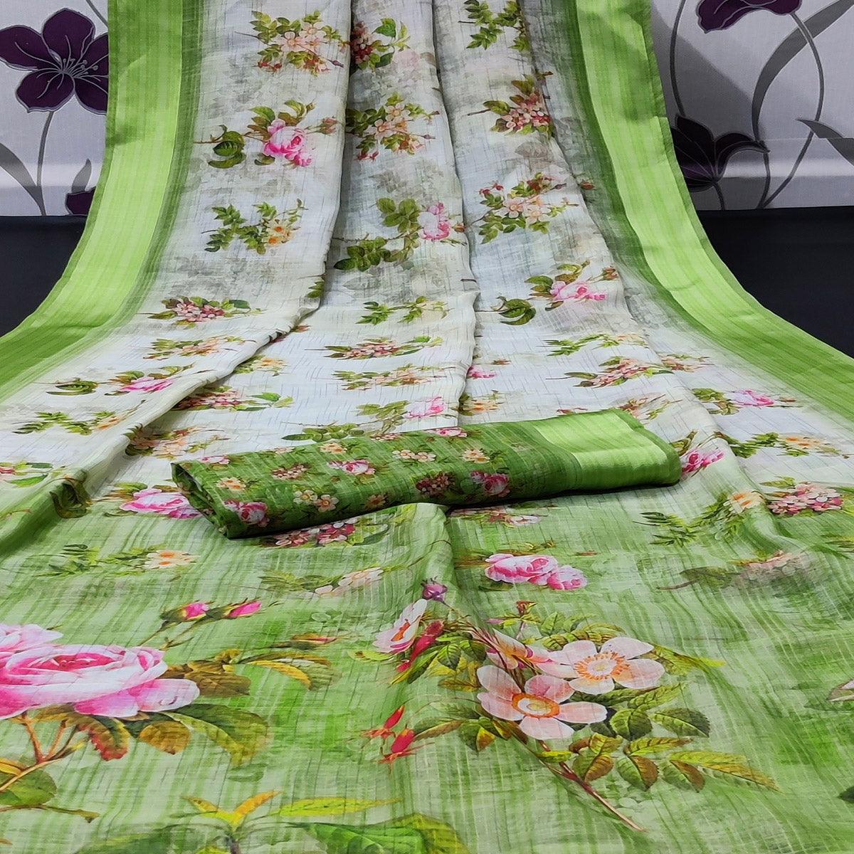 Green Casual Wear Floral Digital Printed Linen Saree With Satin Border - Peachmode
