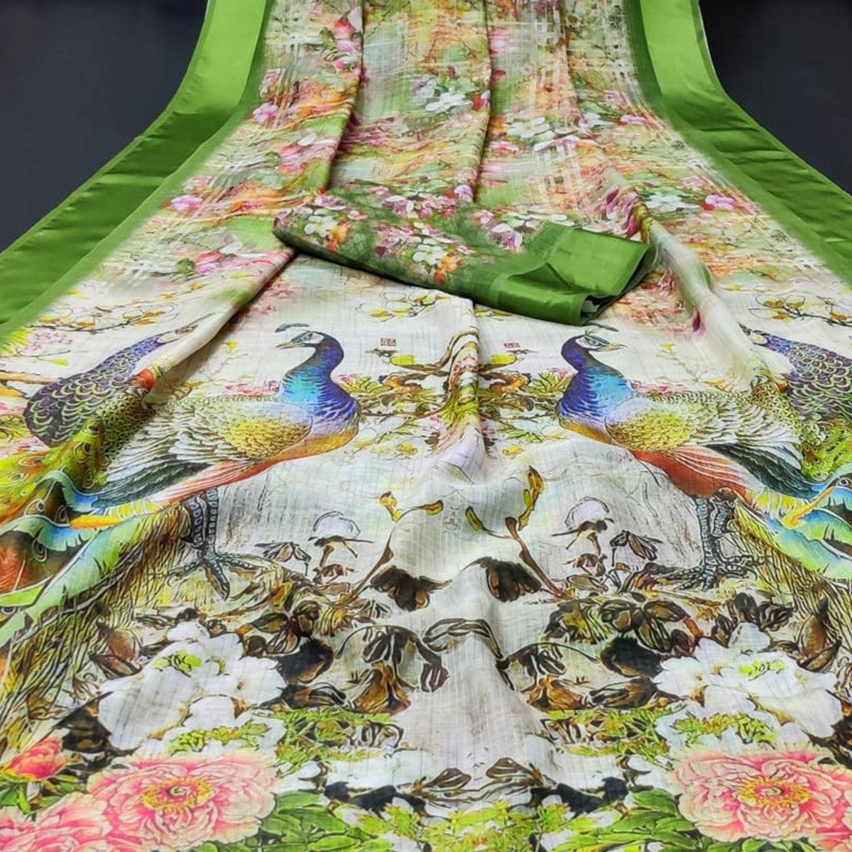 Green Casual Wear Floral Digital Printed Linen Saree With Satin Border - Peachmode