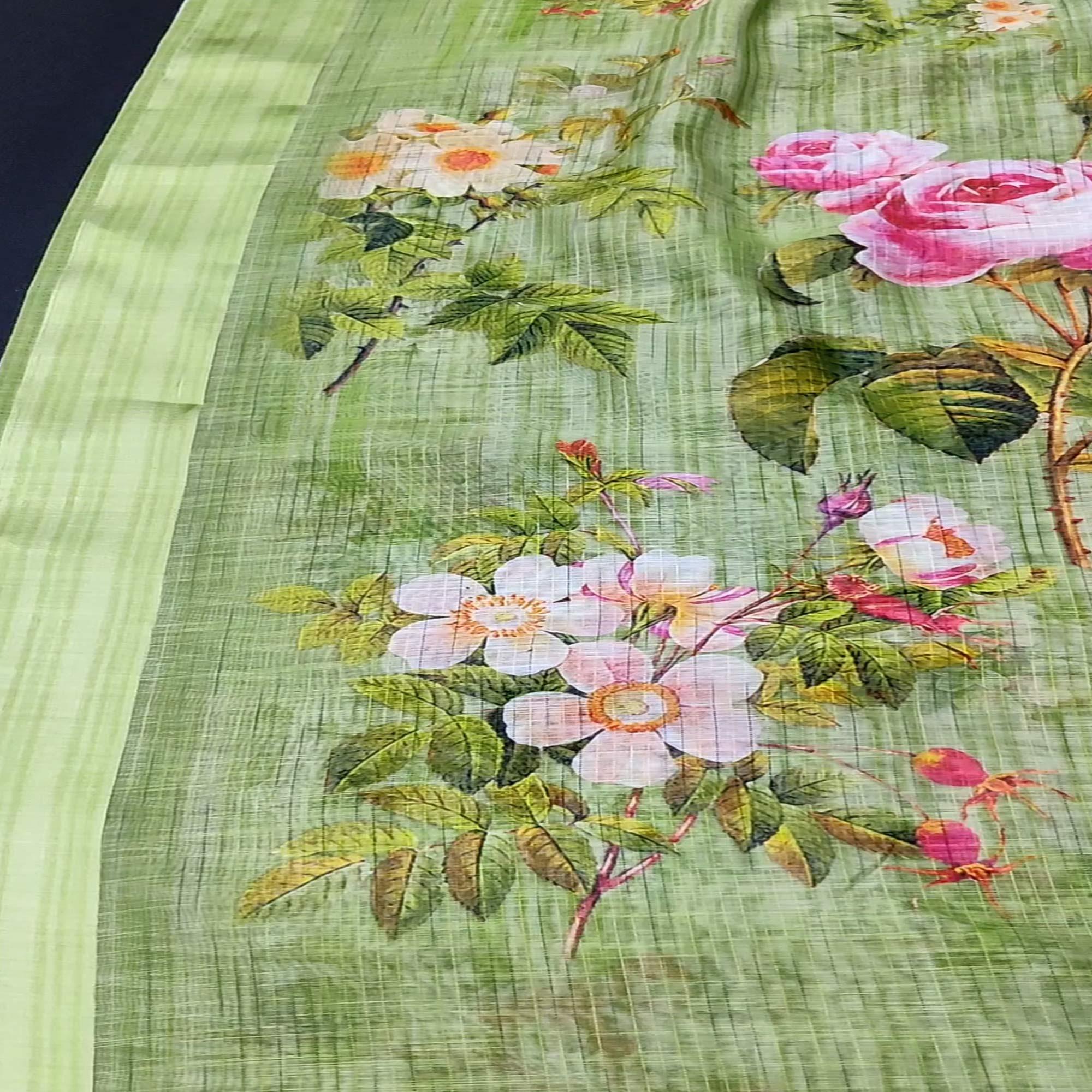 Green Casual Wear Floral Digital Printed Linen Saree With Satin Border - Peachmode