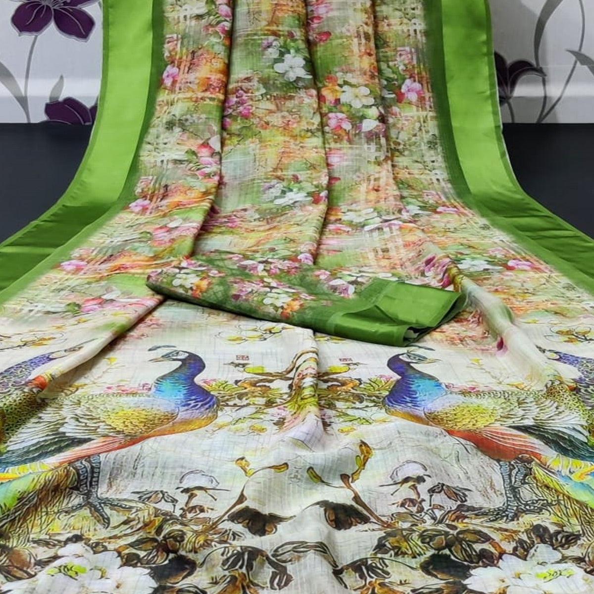 Green Casual Wear Floral Digital Printed Linen Saree With Satin Border - Peachmode