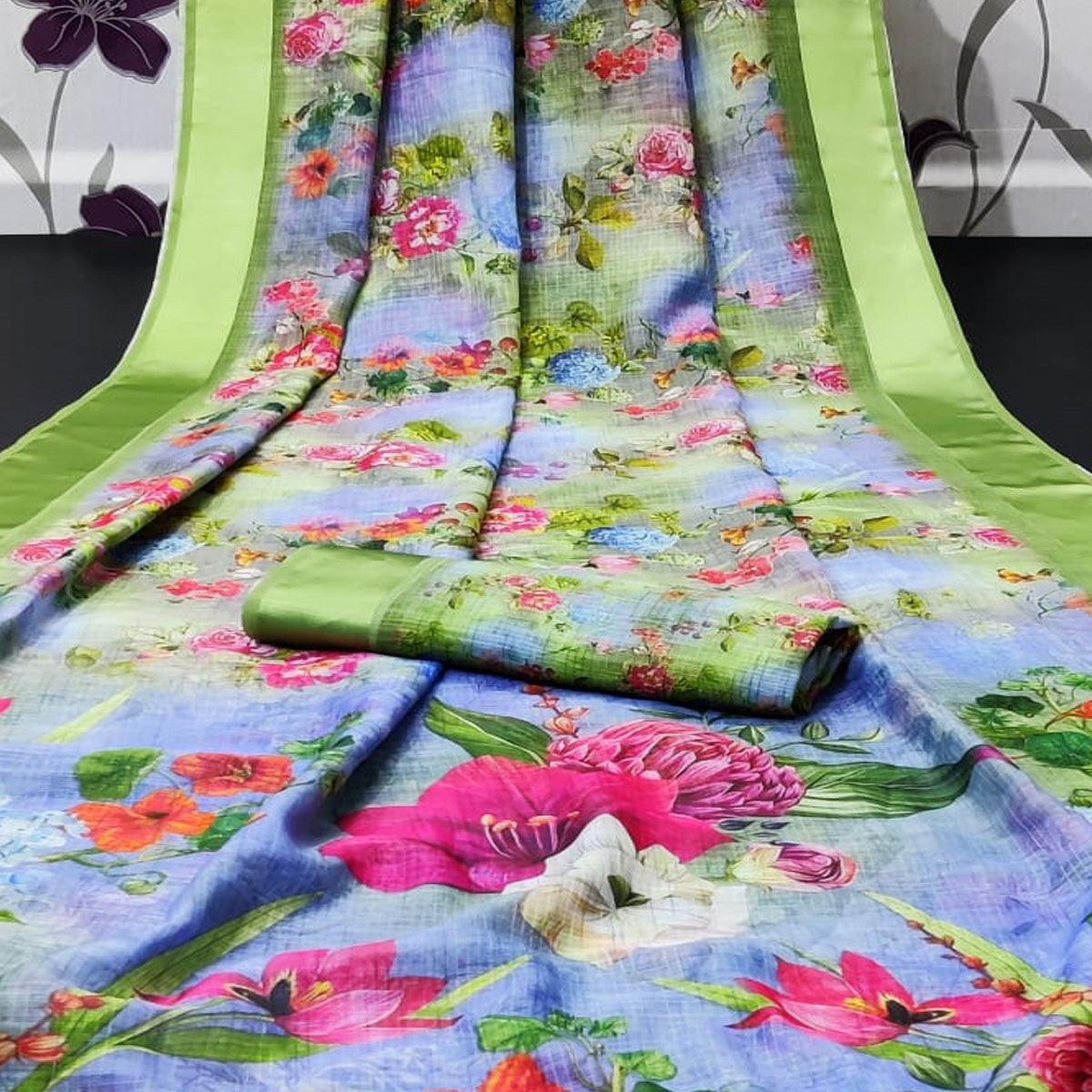 Green Casual Wear Floral Digital Printed Linen Saree With Satin Border - Peachmode