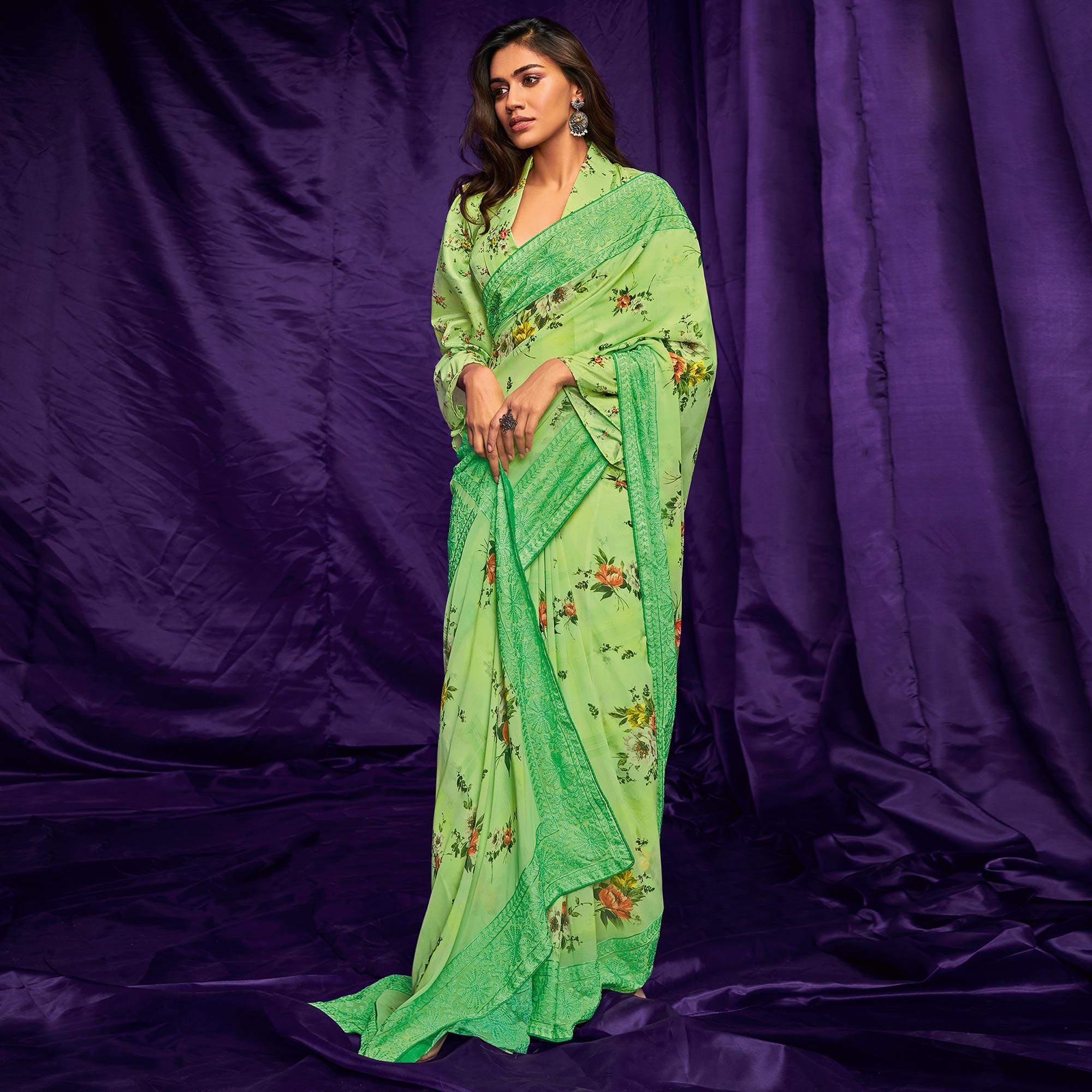 Green Casual Wear Floral Digital Printed Pure Georgette Saree - Peachmode