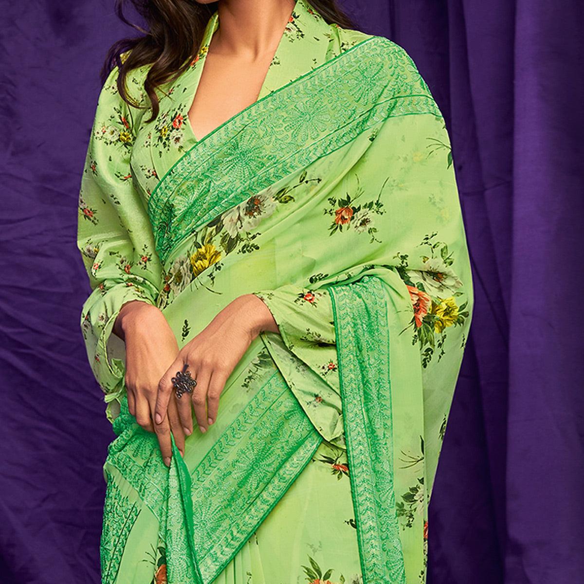 Green Casual Wear Floral Digital Printed Pure Georgette Saree - Peachmode