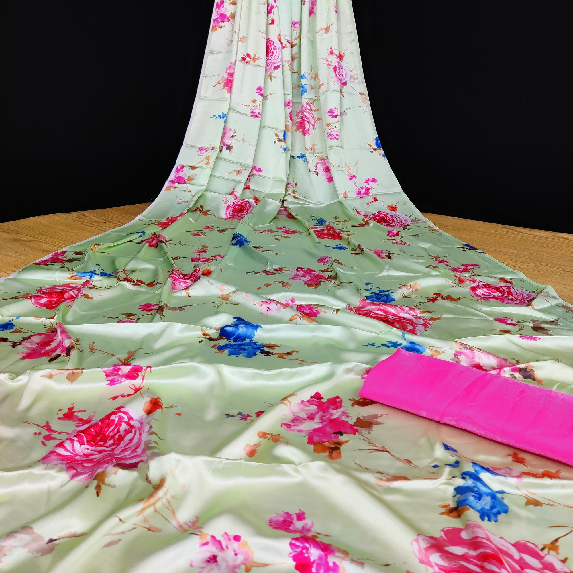 Green Casual Wear Floral Digital Printed Satin Saree - Peachmode