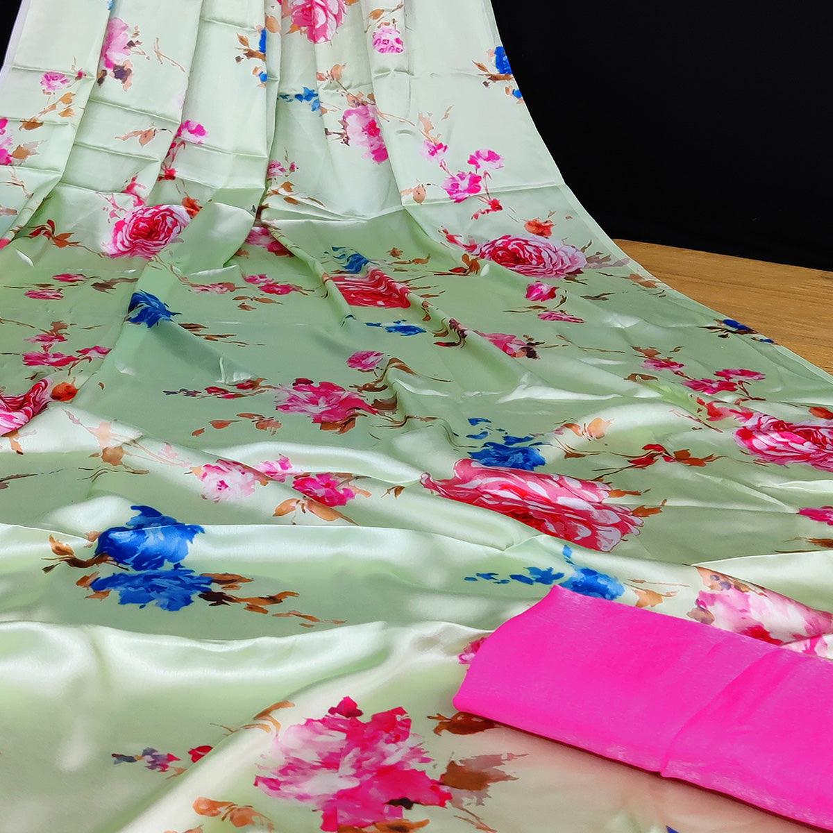 Green Casual Wear Floral Digital Printed Satin Saree - Peachmode