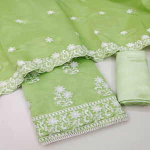 Green Casual Wear Floral Embroidered Chanderi Dress Material - Peachmode
