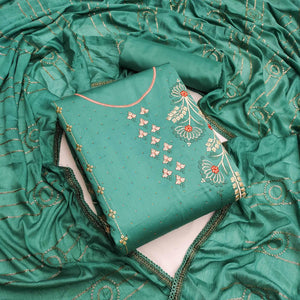 Green Casual Wear Floral Embroidered Cotton Dress Material - Peachmode