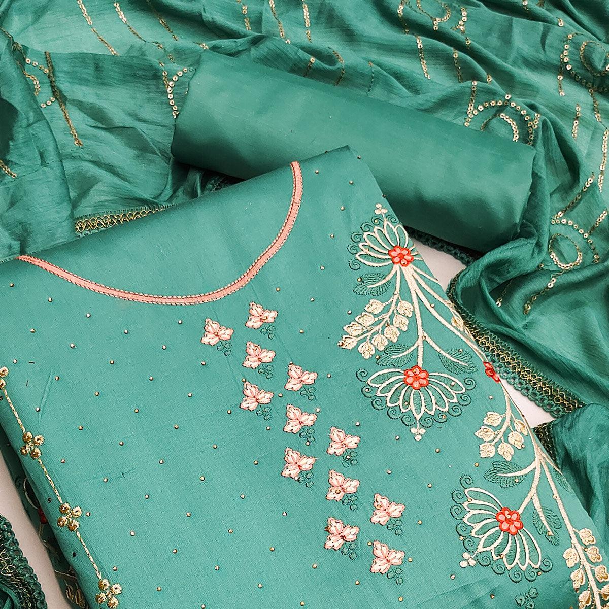 Green Casual Wear Floral Embroidered Cotton Dress Material - Peachmode