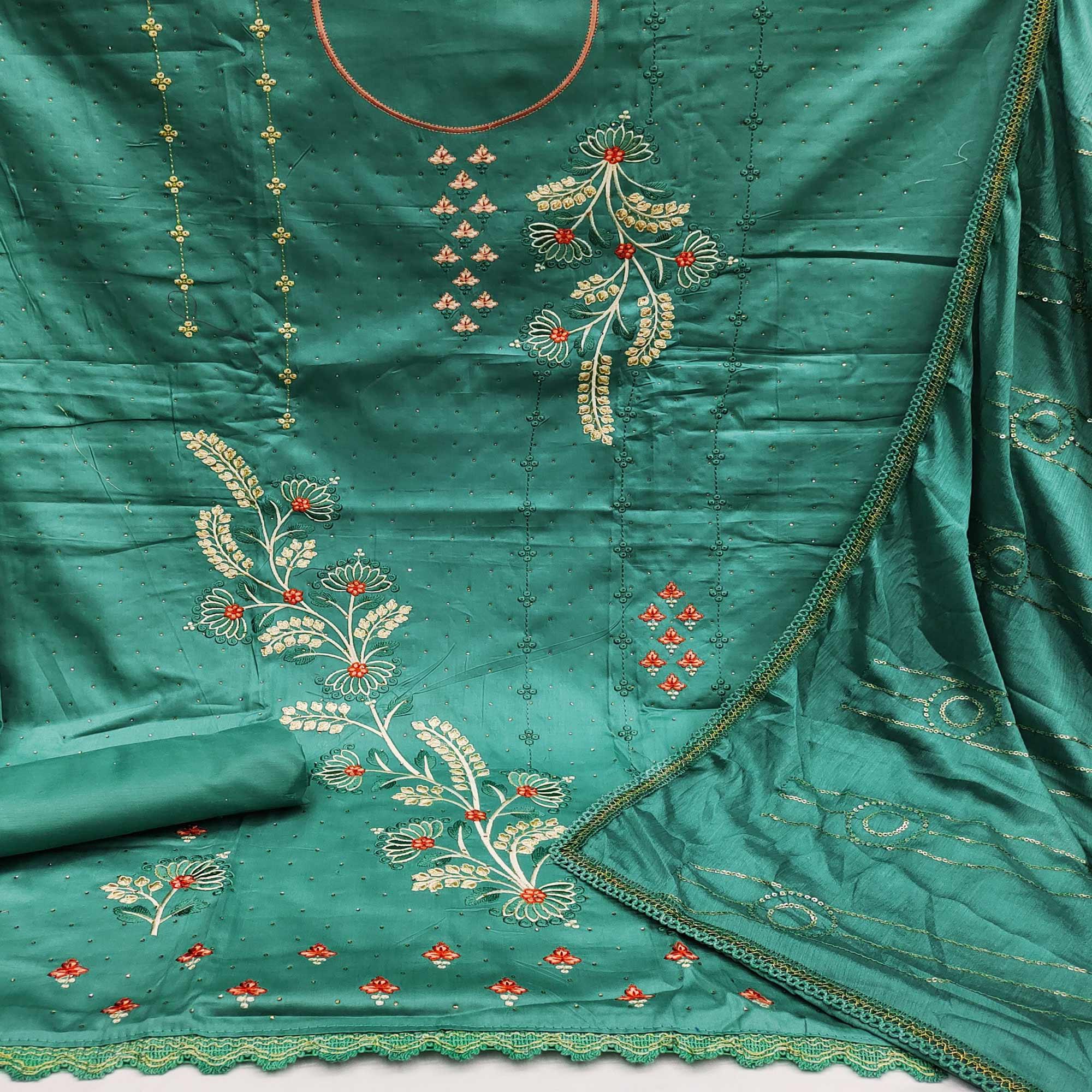 Green Casual Wear Floral Embroidered Cotton Dress Material - Peachmode