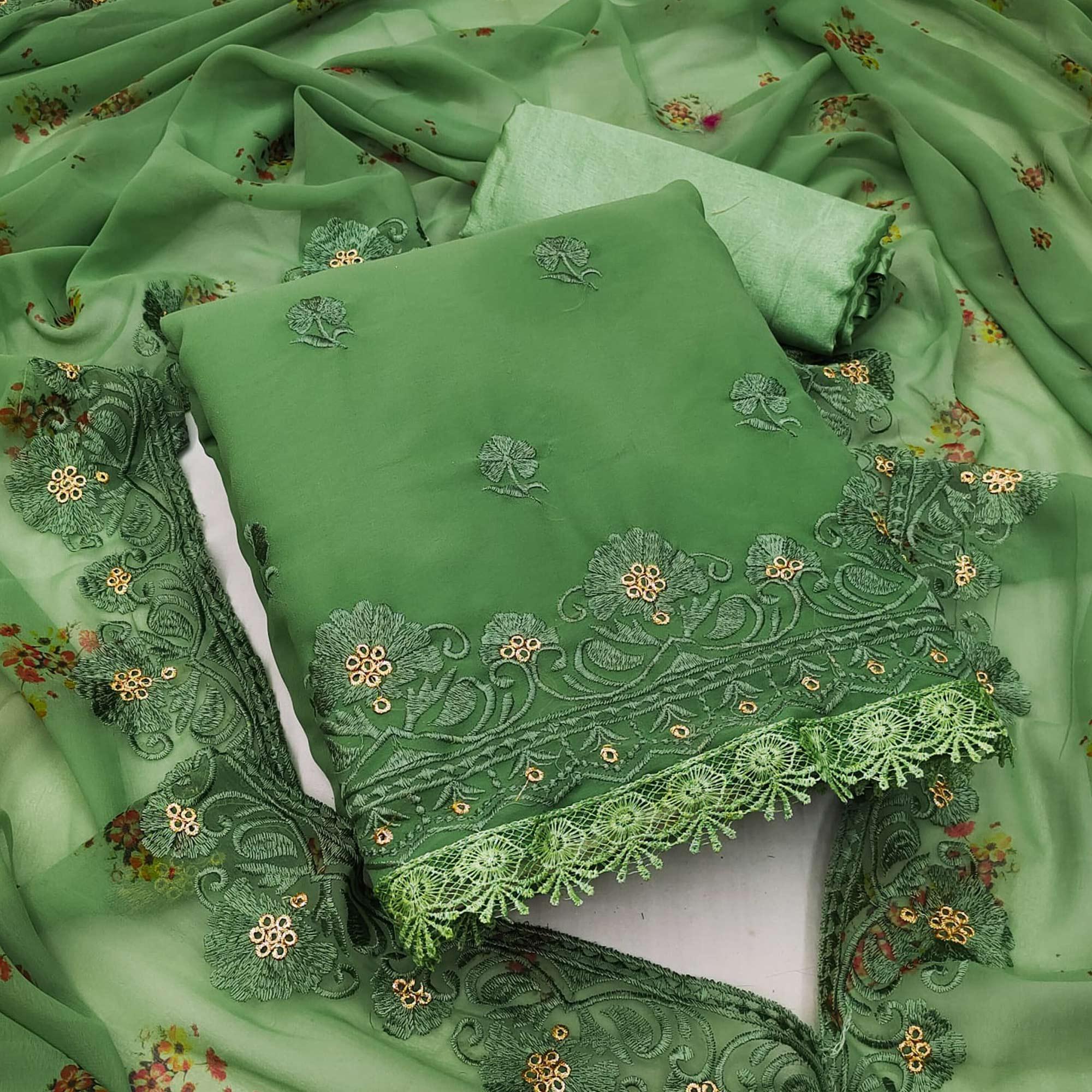 Green Casual Wear Floral Embroidered Georgette Dress Material - Peachmode