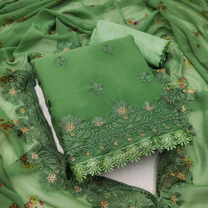 Green Casual Wear Floral Embroidered Georgette Dress Material - Peachmode