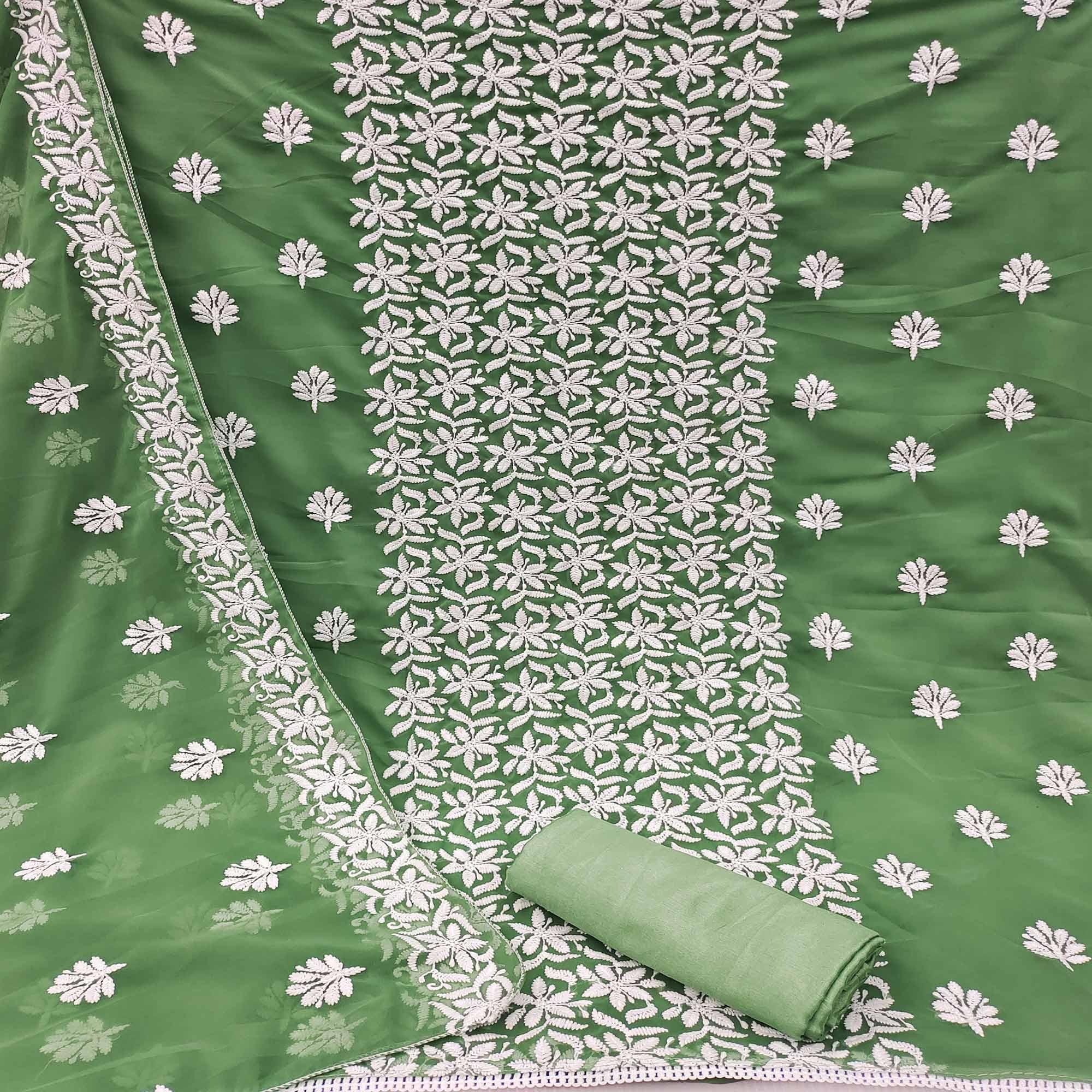 Green Casual Wear Floral Embroidered Georgette Dress Material - Peachmode