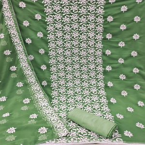 Green Casual Wear Floral Embroidered Georgette Dress Material - Peachmode