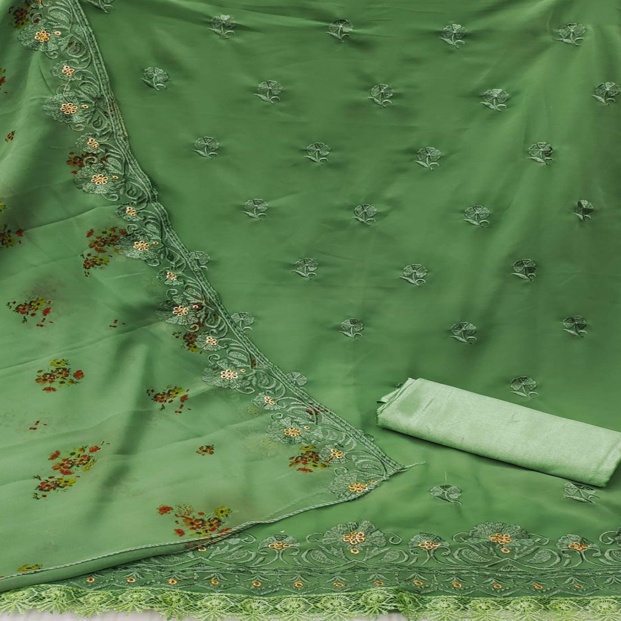 Green Casual Wear Floral Embroidered Georgette Dress Material - Peachmode