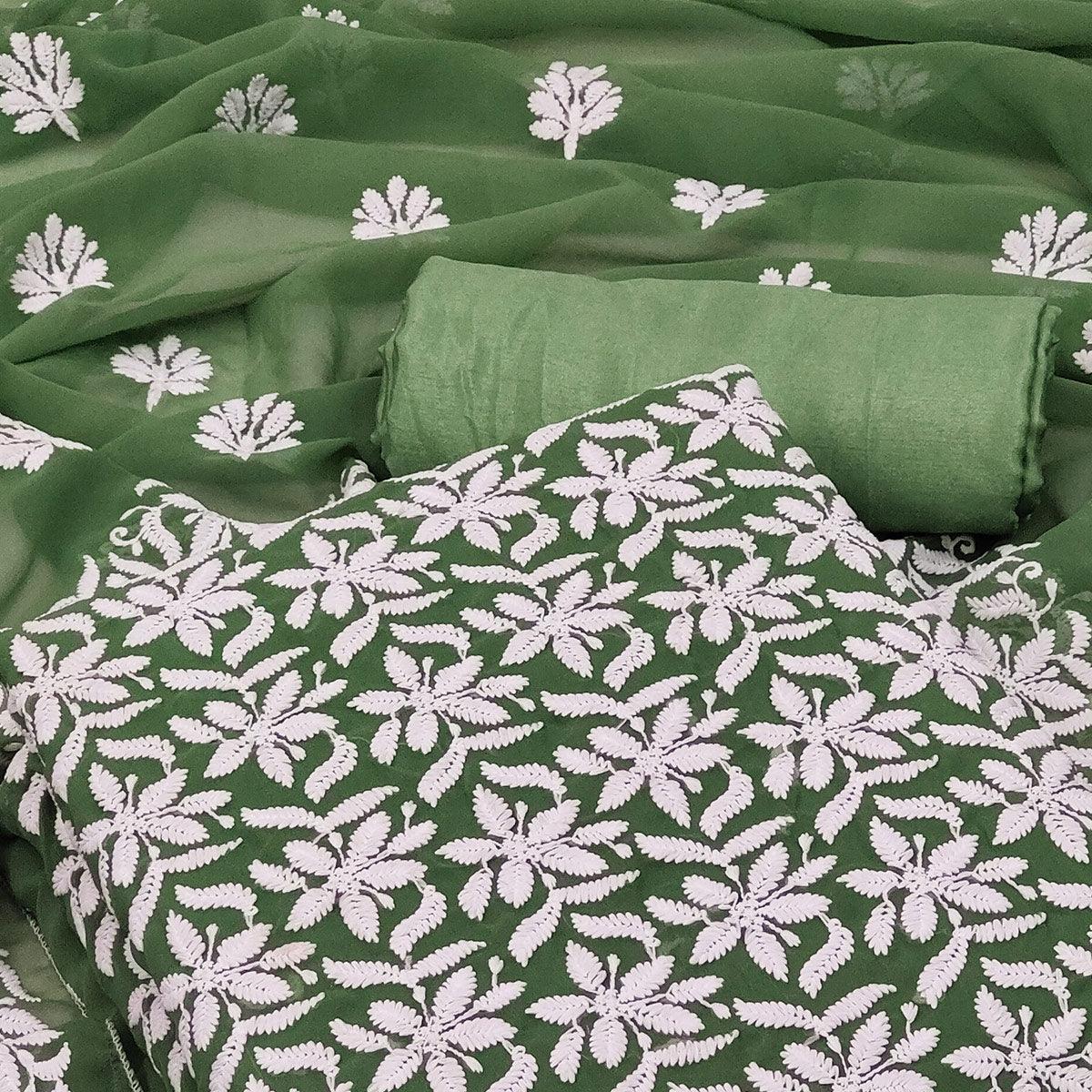 Green Casual Wear Floral Embroidered Georgette Dress Material - Peachmode