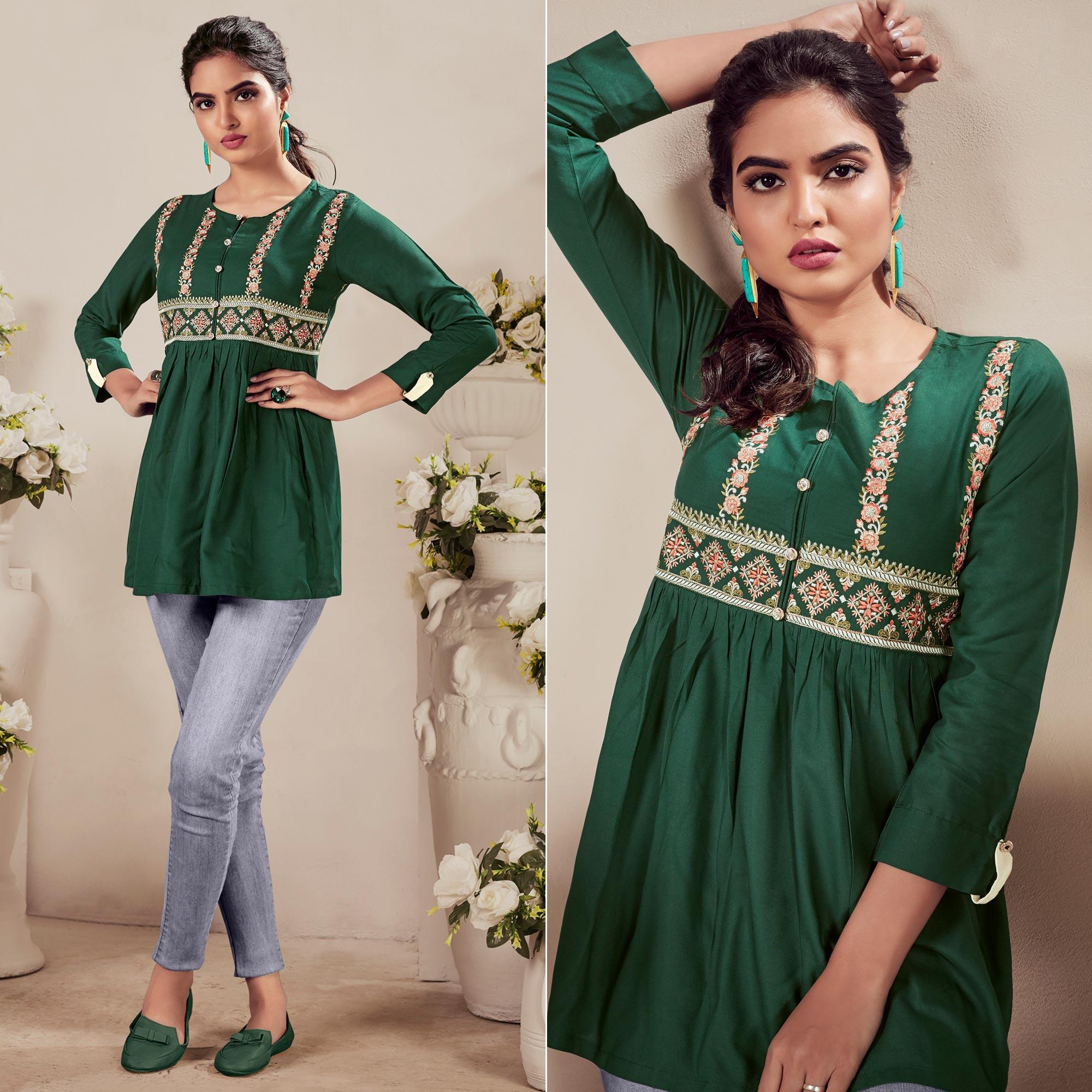 Green Casual Wear Floral Embroidered Rayon Top - Peachmode