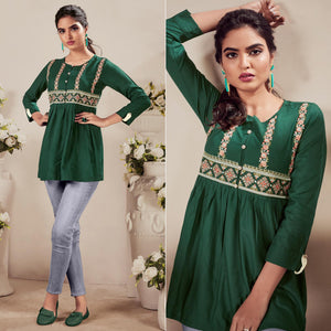 Green Casual Wear Floral Embroidered Rayon Top - Peachmode