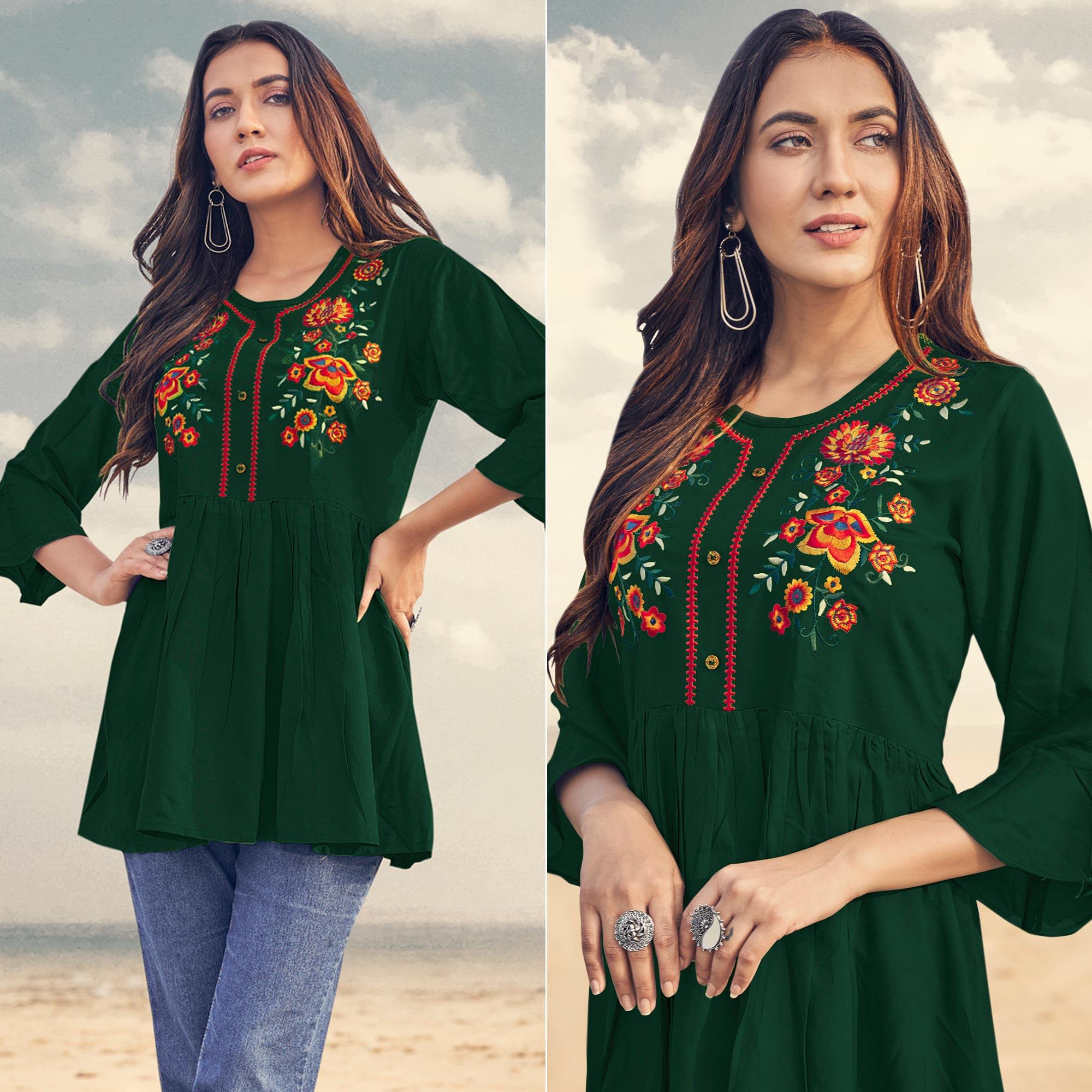 Green Casual Wear Floral Embroidered Rayon Top - Peachmode