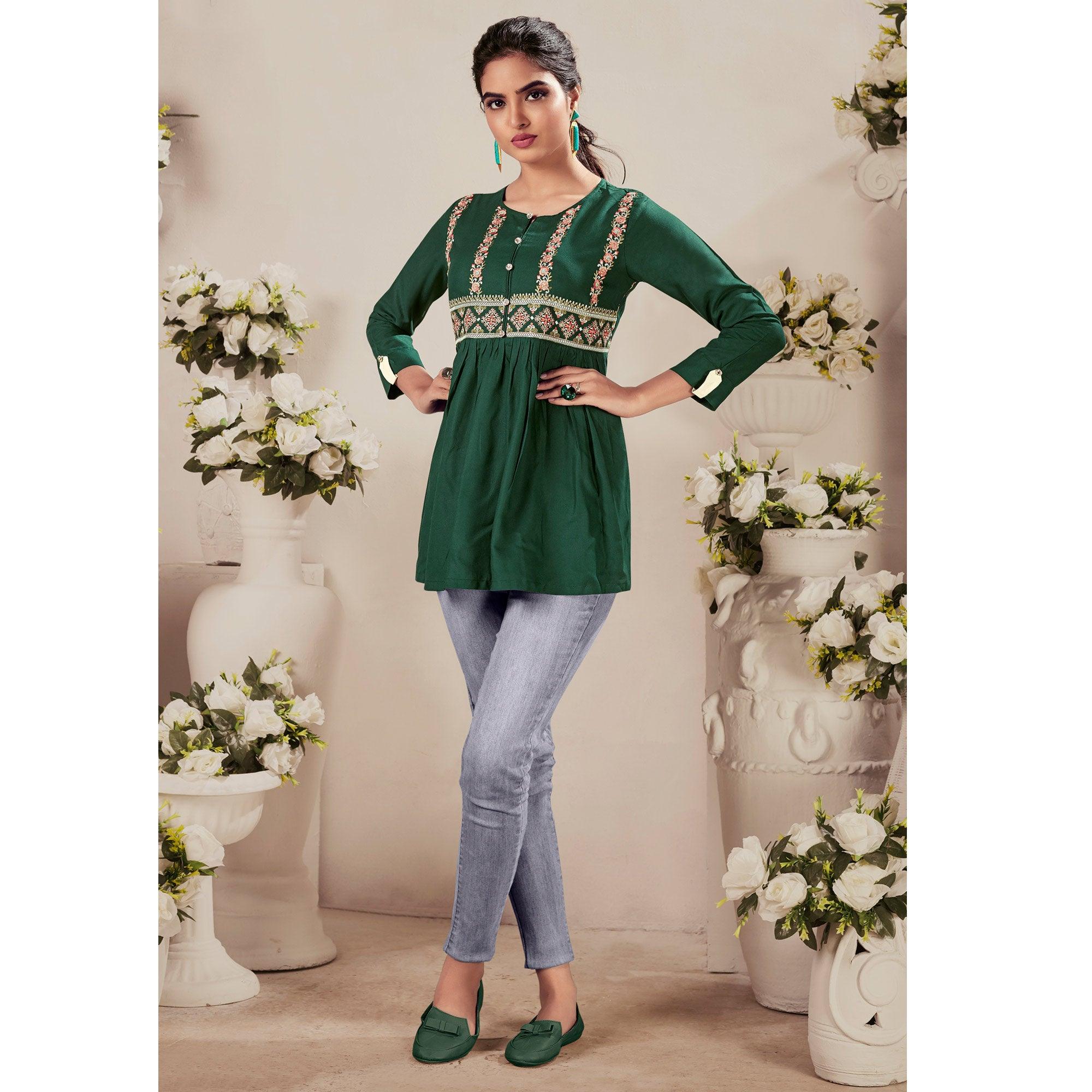 Green Casual Wear Floral Embroidered Rayon Top - Peachmode
