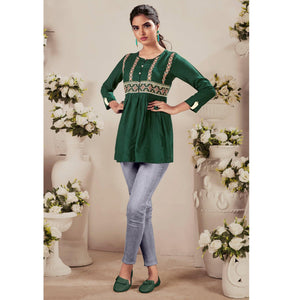 Green Casual Wear Floral Embroidered Rayon Top - Peachmode
